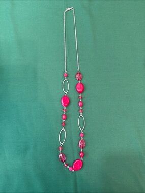 Women's  Pink Beaded Long Necklace with Silver Links